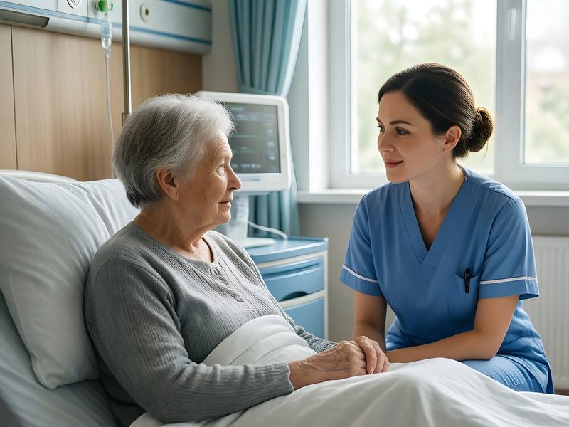 Pflegekraft im Gespräch mit einer Patientin – Kommunikation im Pflegealltag für telc B1/B2 Pflege