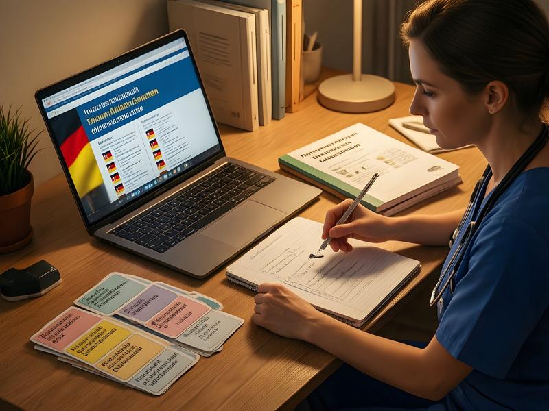 Pflegekraft lernt Deutsch für die telc Prüfung mit Laptop und Vokabelkarten