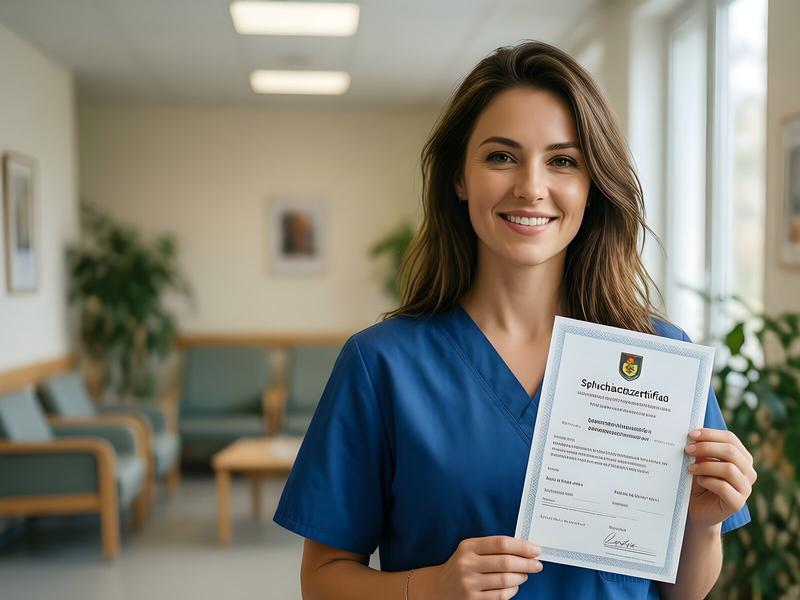 Pflegekraft hält ihr bestandenes telc B1/B2 Pflege Sprachzertifikat