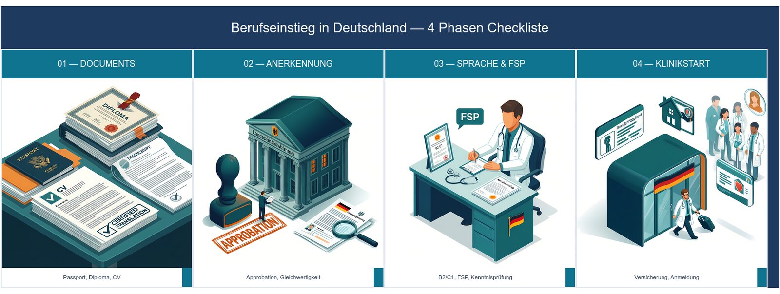 Infografik Berufseinstieg in Deutschland - 4 Phasen Checkliste für ausländische Mediziner